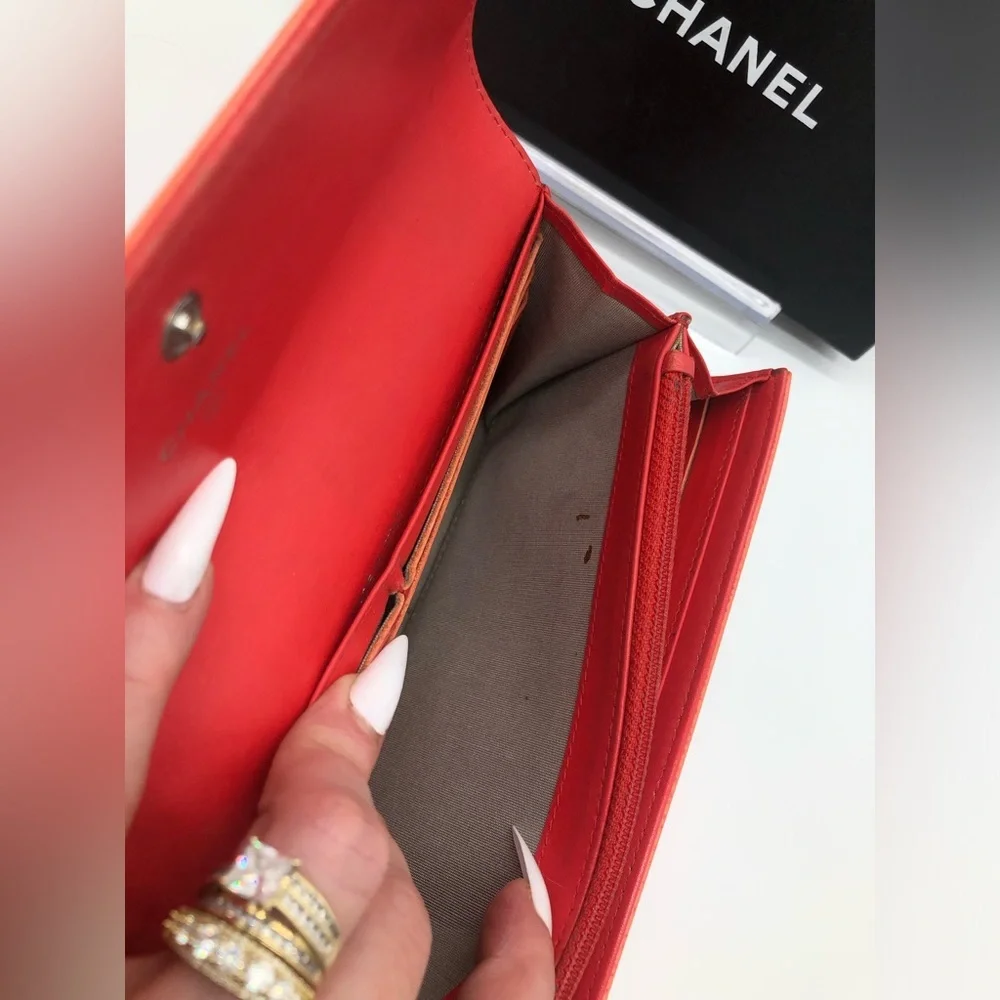 🩷CHANEL Wallet Timeless CC Embroidered Top Flap Snap Long Salmon Pink Coral COA